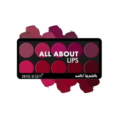 Swiss Beauty All About Lip Palette With 10 Pigmented Colors |Creamy Matte Finish Lip Colors Lipstick |Travel Friendly Lip Palette | Multicolor -01, 12gm