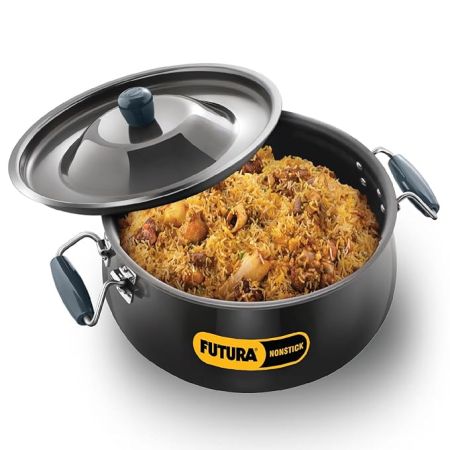 Hawkins Futura 12 Litre BigBoy Biryani Handi, Non Stick Pot with Hard Anodised Lid, Sauce Pan for Cooking and Serving Biriyani, Black (NBH12) Aluminium