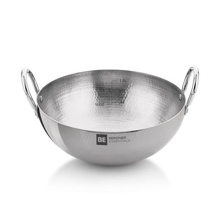 BERGNER BE Essentials 16 cm Hammered Kadai, 990ml Kadhai Without Lid, Thickness 2.2 mm, Food Safe, Sturdy and Durable, Gas Stove Ready, Dishwasher Safe, 5-Year Warranty by Bergner, Silver