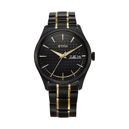 Titan Regalia Opulent Quartz Analog with Day and Date Black Dial Two Toned Stainless Steel Strap Watch for Men-1805KM10
