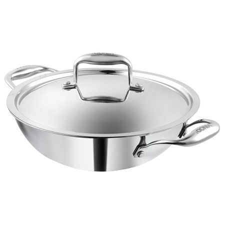 Vinod Platinum Triply Stainless Steel Kadai with Lid (22cm, 1.8L) | 2.5 mm Thick | Triply Kadai with Heavy Bottom | Induction Friendly Triply Stainless Steel Cookware Kadhai | 5 Year Warranty