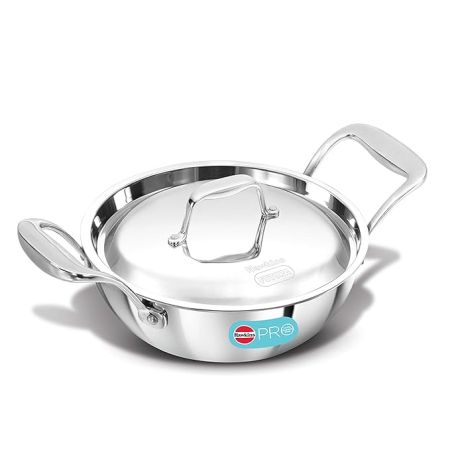 Hawkins Pro 1.5 Litre Deep-Fry Pan, Triply Stainless Steel Kadhai with Steel Handles and Steel Lid, Small Kadhai, Silver (PSK15S)W