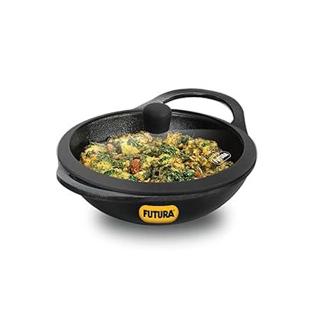 Hawkins Futura 2 Litre Cast Iron Kadhai, Naturally Nonstick Cast Iron Kadai with Glass Lid, Cast Iron Cookware for Kitchen, Black (CIK20G)
