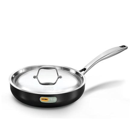Hawkins Futura Pro 22 cm Frying Pan, Nonstick Fry Pan with Stainless Steel Handle and Stainless Steel Lid, Black (PNF22S)