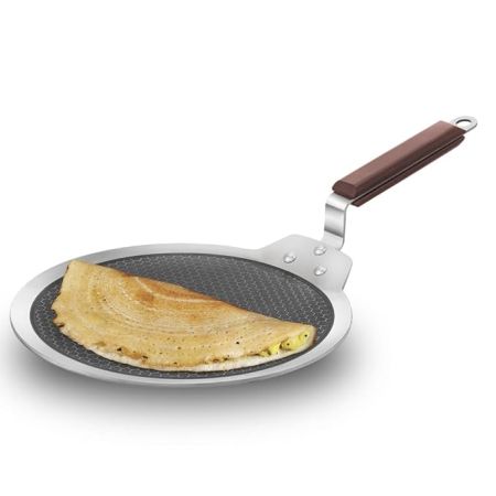 Hawkins 28 cm Dosa Tava, Triply Stainless Steel Shielded Nonstick Tawa with Rosewood Handle, Honeycomb Non Stick Induction Tawa, Silver (NSDT28)