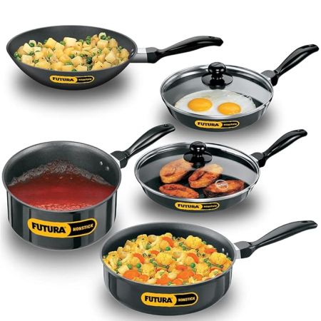 Hawkins Futura 5 Pieces Cookware Set 4 - Non Stick Kadhai, Two Frying Pans, Saucepan, Saute Pan and Two Glass Lids, Black (NSET4)