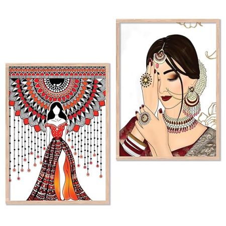 kotart Indian Woman Digital Painting with Frame for Home Decoration - Traditional Painting for Living Room Bedroom Office Room Wall Decor - Pack of 2 (Medium, Modern Art Painting, Design03)