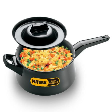Hawkins Futura 3 Litre Handi, Hard Anodised Sauce Pan and Lid, Saucepan with a Short and a Long Handle, Biryani Handi, Black (AH3L)
