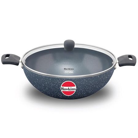 Hawkins Ceramic Nonstick 5 Litre Deep Kadhai, Induction Deep Fry Pan with Glass Lid, Granite Kadai (ICK50G)