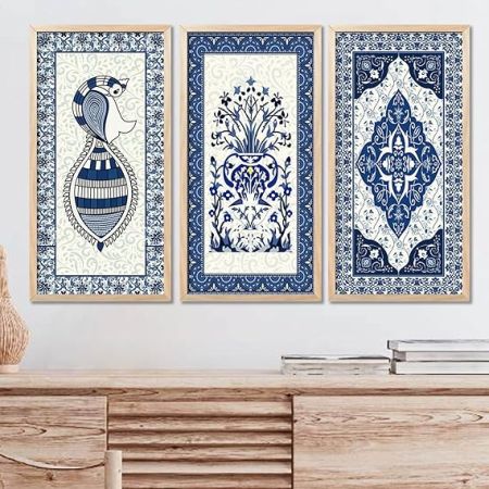 kotart Madhubani Art Wall Painting Traditional Home Decoration With Frame For Living Room Bed Room Hotel Wall Decor Digital Reprint Engineered Wood Set of 3 (Art 5, (10X19 inch), Framed)