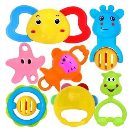 Cable World Infant Colourful Plastic Non Toxic Set Of 7 Attractive Rattles And Teathers For New Borns, Baby,Kid (Multi Color)