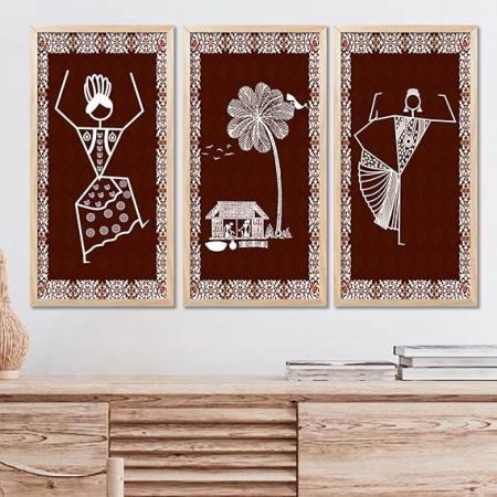 kotart Indian Traditional Art Wall Painting Madhubani Home Decoration With Frame For Living Room Bed Room Hotel Wall Decor Digital Reprint Engineered Wood Set of 3 (Art 8, (10X19 inch), Framed)