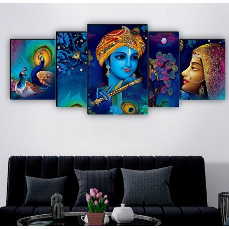 SAF Set of 5 Radha Krishna with couple peacock UV Textured Home Decorative Gift Item MDF Panel Painting 18 Inch X 42 Inch