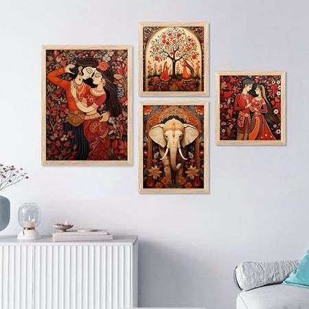 kotart Traditional Indian Inspired Madhubani Art Paintings with Frame for Living Room Bedroom Home and Office Wall Decor Set of 4 frames (A)