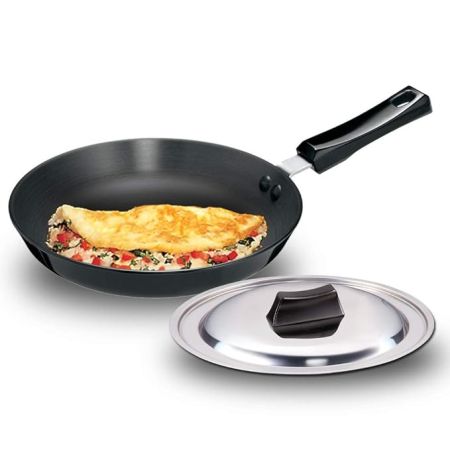 Hawkins Futura 24 cm Frying Pan, Hard Anodised Fry Pan with Stainless Steel Lid, Black (AF24S)