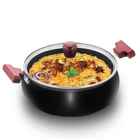 Hawkins Futura 5 Litre Cook n Serve Handi, Hard Anodised Biryani Handi with Glass Lid, Saucepan, Sauce Pan, Black (ACH50G) Polished
