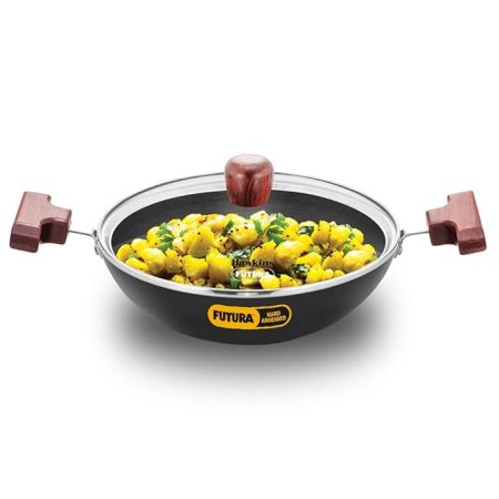 Hawkins Futura 1.5 Litre Deep Fry Pan, Hard Anodised Kadai with Glass Lid, Round Bottom Kadhai, Small Kadai, Black (AK15G)