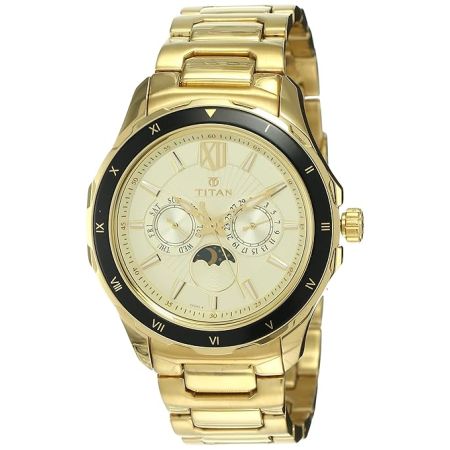 Titan Regalia Quartz Multifunction Champagne Dial Stainless Steel Strap watch for Men-NS1688KM01/NT1688KM01