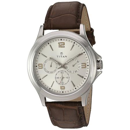 Titan Quartz Multifunction Silver Dial Leather Strap Watch for Men-NS1698SL01/NT1698SL01