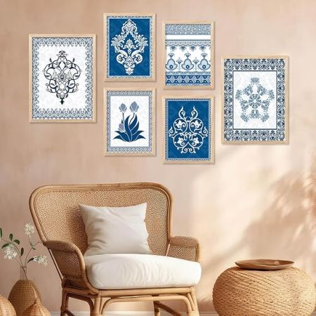 kotart - Traditional Wall Poster With Frames For Wall Hanging | Wall Paintings For Wall Decor For Living Room, Bedroom, Wall Frames Set Of 6 Art (H)