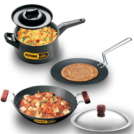 Hawkins Futura 3 Pieces Cookware Set 3 - Hard Anodised Tava, Kadhai and Handi Saucepan with One Hard Anodised Lid and One Stainless Steel Lid, Black (ASET3)