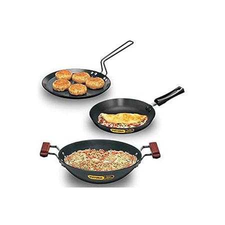 Hawkins Aluminium Futura 3 Pieces Cookware Set 2 - Hard Anodised Flat Tava, Frying Pan And Kadhai, Black (Aset2)