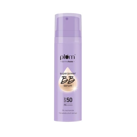 Plum Superpower BB Serum with SPF 50 PA ++++ | Natural Everyday Base | Evens Out Skin Tone | Buildable Coverage | With 3% Niacinamide | 100% Vegan & Cruelty Free | 30 ml - 04 Almond