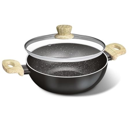 Bergner Bellini Plus Aura 5-Layer Non-Stick 26 cm Kadai with Glass Lid, 4.5 litres Kadhai with Soft Touch Wooden Finish Handle, 3.2mm Thickness,Gas Stove Ready, 1-Year Warranty by Bergner