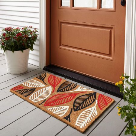 Onlymat Natural Coir Doormat, Red & Black Leaf Design, Anti-Slip PVC Backing for Entryway, Livingroom, Kitchen, Bedroom (75 x 45cm)