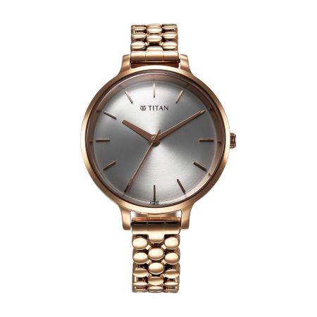 Titan Purple Secluded Quartz Analog Silver White Dial with Rose Gold Plating Brass Strap Watch for Women