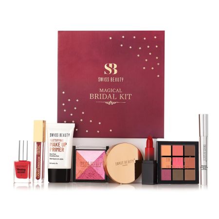 Swiss Beauty Magical Bridal Kit for Wedding | With Primer, Mascara, Sindoor, Eyeshadow Palette, HD Matte Lipstick, Silky & Smooth Powder, Baked Blusher & Highlighter, Non-Chipping Nail Paint | 77.5g