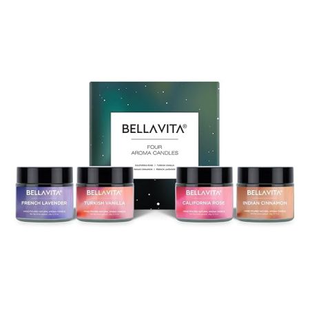 Bella Vita Organic Soy Wax Aroma Candles Set Of 4 Scented Aromatic Fragrance Vanilla, Cinnamon, Lavender & Rose For Gifting Home, 60 Gms Each,Up To 15 Hours Burn Time