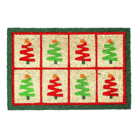 Onlymat Christmas Tree Printed Designer Doormat (Green & Red) Rectangular Shaped Durable Entryway Rug Natural Coir Material with PVC Backing for Indoor and Outdoor use, 40x60 cm
