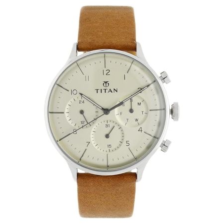 Titan Quartz Multifunction Silver Dial Leather Strap Watch for Men-NS90102SL01/NT90102SL01