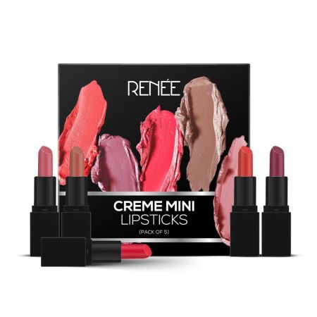 RENEE Crēme Mini Lipstick Combo Pack of 5-1.65gm Each, Long Lasting Creamy Finish - Enriched With Jojoba Oil, Keeps Lips Hydrated & Nourished, Travel Friendly