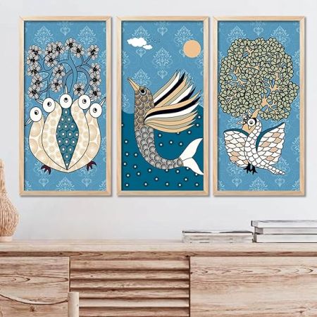 kotart - Madhubani Art Painting with Frame for Living Room | Painting for wall Decoration |Traditional Indian Art Pichwai Wall Décor Paintings SET OF 3 (10X19 INCH, D)