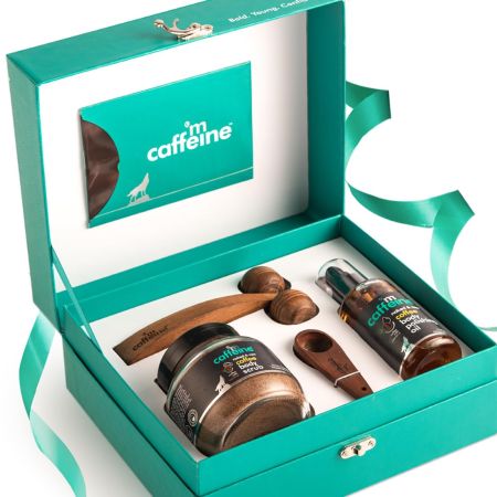 mCaffeine Coffee De-Stress Gift Set With Coffee Body Scrub, Body Oil & Handcrafted Massager for Stress Relief | Unisex Gift Kit for Relaxation