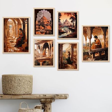 kotart Traditional Pattern Paintings with Frame for Home Decoration - Elephant Painting for Living Room Bedroom Office - Yellow Theme Painting for Wall Decoration - Pack of 6