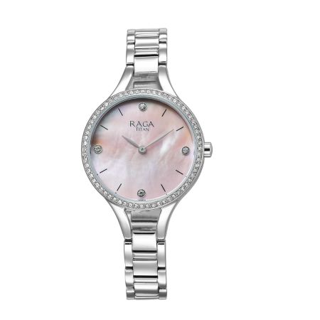 Titan Raga Showstopper Quartz Analog Mother of Pearl Dial Metal Strap Watch for Women-95275SM01/NT95275SM01