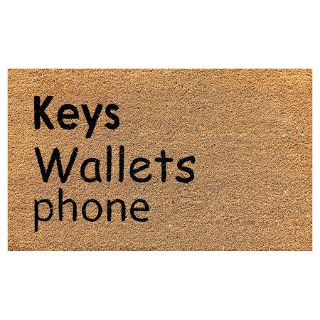 nlymat Key Wallets Phone Printed Anti-Slip Doormat (Black and Brown) Rectangular Shaped Entryway Rug Natural Coir Material with PVC Backing for Outdoor Entrance Home Multipurpose Mats Floor Door Hall Drawing Room Living Room (75cm x 45cm)