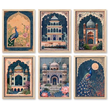 kotart Polystyrene-Traditional Indian Art Pichwai Wall Décor Paintings Madhubani Art Painting With Frame For Living Room|Traditional Wall Poster With Frames Set Of 6(13X17 Inch, F)