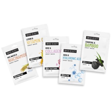 Swiss Beauty Face Serum Sheet Mask for Intense Hydration | Combo Pack of 5, each 20 ml | For all skin types |