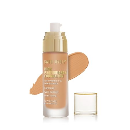 SWISS BEAUTY Dewy High Performance Foundation Liquid | Water-Resistant | Medium To Buildable Coverage | Lightweight | Easy To Blend | With Vitamin C & Niacinamide | Sun Beige, 55G