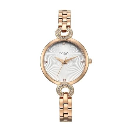Titan Raga Showstopper Quartz Analog White Dial Metal Strap Watch for Women-95278WM01/NT95278WM01