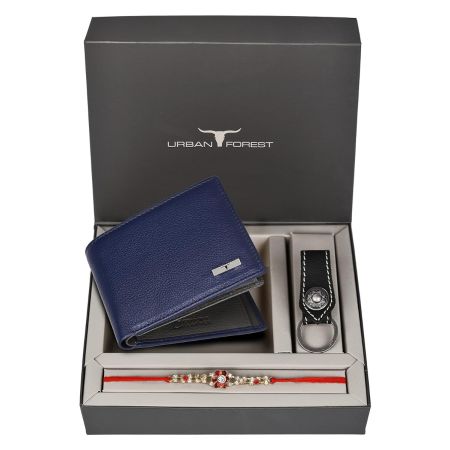 URBAN FOREST Rakhi Gift Hamper for Brother - Classic Blue Men's Leather Wallet, Black Keyring and Rakhi Combo Gift Set for Brother - 4571