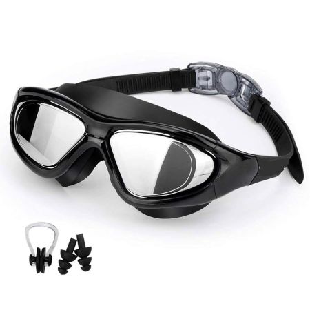 Cable World® Big Frame Competition Swim Goggles with Free Protective Case Pro Anti fog Protection Clear Anti-UV Swimming Goggles with Adjustable Strap, Free Ear Plugs and Nose Cap