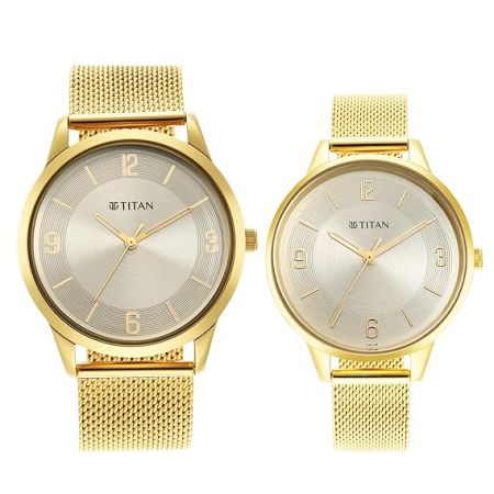 Titan Men Stainless Steel Analog Gold Dial Watch-18062648Ym01, Band Color-Gold