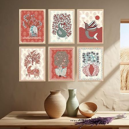 kotart Gond wall Art Paintings with Frame for Home Decoration - Painting for Wall Decoration - Traditional Framed Painting for Living Room Bedroom Office Decor - (13x17 inch, I) Pake Of 6