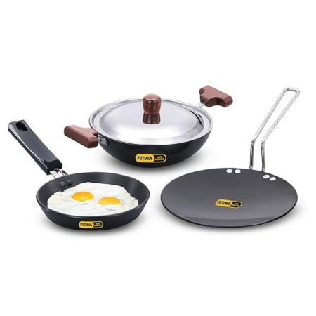 Hawkins Futura 3 Pieces Cookware Gift Set - Hard Anodised Tava, Frying Pan and Kadhai with Stainless Steel Lid, Black (24HAGP)