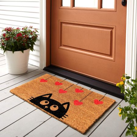 Onlymat Natural Coir Doormat with Cat Print, Floor Rug, Long Lasting, Anti-Slip PVC Back for Indoor, Outdoor, Patio, Home and Office - Large and Thick Entryway Rug, Brown (75 x 45 x 1.5cm)